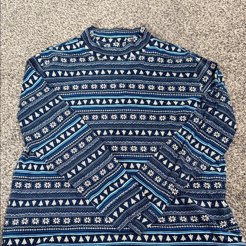 Lands' End Men's Navy and White Patterned Crewneck Sweater